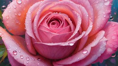 The primary subject of the image is a pink rose with drops of water on it. The rose is the main focus of the image, and it is set against a backdrop of water droplets. The visual style of the image is a close-up of the rose, which is captured in a photo. The dominant colors in the image are pink and white, creating a soft and delicate atmosphere.