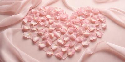 The primary subject of the image is a heart-shaped arrangement of pink flowers. The heart is made up of numerous pink petals, creating a visually appealing and romantic display. The setting is a pink background, which complements the heart and adds to the overall mood of the image. The visual style is a close-up of the heart, showcasing the intricate details of the flower petals. The colors and mood of the image are predominantly pink, evoking feelings of love