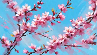The primary subject of the image is a tree filled with pink flowers. The tree is located in a blue sky, creating a serene and peaceful atmosphere. The visual style of the image is a painting, which adds a sense of artistic expression and beauty to the scene. The dominant colors in the painting are pink and blue, which evoke feelings of warmth, love, and tranquility.