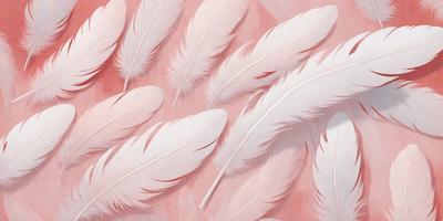 The primary subject of the image is a collection of white feathers, which are the primary focus of the scene. The feathers are arranged in various positions, creating a visually interesting and artistic composition. The setting is a pink background, which adds a contrasting and complementary color to the scene. The visual style of the image is a combination of digital art and illustration, as the feathers are depicted in a detailed and realistic manner. The colors and mood of the image are predominantly pink, which