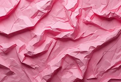 The primary subject of the image is a large, pink, wrinkled piece of paper. The setting is a close-up of the paper, showcasing its texture and color. The visual style is a realistic representation of the paper, and the colors and mood are predominantly pink, giving the image a warm and inviting atmosphere.
