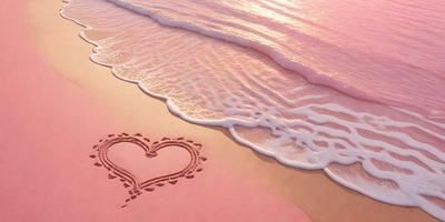 Heart: [what is the main object, scene, or focus of the image]
Beach: [what environment, backdrop, or surface is visible]
Digital Art: [is this a photo, digital art, illustration, drawing, pattern, texture, or clipart]
Pink: [dominant colors and overall atmosphere]