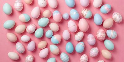 The primary subject of the image is a collection of colorful eggs, which are arranged in a visually appealing manner. The setting is a pink background, which adds a vibrant touch to the scene. The visual style is a combination of photo and digital art, creating a realistic yet artistic representation of the eggs. The colors and mood of the image are predominantly pink and cheerful, reflecting the joyful nature of the eggs.