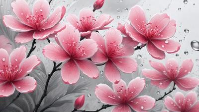 The primary subject of the image is a beautiful bouquet of pink flowers. The flowers are arranged in a vase, and they are surrounded by water droplets, giving the scene a serene and elegant atmosphere. The setting is a close-up of the flowers, showcasing their delicate petals and intricate details. The visual style of the image is a combination of realism and digital art, as it captures the beauty of the flowers in a detailed and vibrant manner. The colors and mood of the