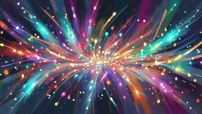 The primary subject of the image is a vibrant and colorful explosion of light, which appears to be a digital art or illustration. The setting is a dark background, which contrasts with the bright and colorful light. The visual style is artistic and creative, with the light bursting into the scene in a dynamic and eye-catching manner. The colors and mood of the image are energetic and lively, with the bright colors and light creating a sense of excitement and movement.