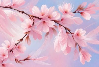 The primary subject of the image is a close-up of a branch with pink flowers. The setting is a pink background, which adds to the overall mood of the image. The visual style is a painting, with the flowers and branch being depicted in a detailed and artistic manner. The colors and mood of the image are predominantly pink, creating a warm and inviting atmosphere.