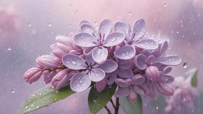 The primary subject of the image is a purple flower with drops of water on it. The flower is surrounded by a pink background, which adds to the overall mood of the scene. The visual style of the image is a combination of photo and digital art, creating a realistic yet artistic representation of the flower. The colors and mood of the image are predominantly purple and pink, giving it a delicate and serene atmosphere.