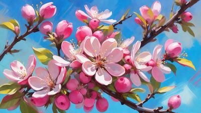 The primary subject of the image is a tree filled with pink flowers. The tree is located in a blue sky, creating a serene and peaceful atmosphere. The visual style of the image is a painting, which adds a sense of artistic expression and beauty to the scene. The dominant colors in the painting are pink and blue, which evoke feelings of warmth, love, and tranquility.