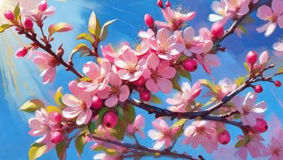The primary subject of the image is a tree filled with pink flowers. The tree is located in a blue sky, which serves as the background. The visual style of the image is a painting, which gives it a vibrant and artistic appearance. The dominant colors in the painting are pink and blue, creating a cheerful and lively atmosphere.