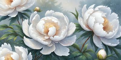 The primary subject of the image is a beautiful white flower with a yellow center, surrounded by green leaves. The flower is the focal point of the scene, and it is depicted in a vibrant and colorful manner. The setting is a garden, with the flower growing in a lush green environment. The visual style of the image is a painting, which adds a sense of artistic expression and creativity to the scene. The dominant colors in the image are white, yellow, and green, creating a serene and peaceful