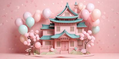 The primary subject of the image is a pink house with a green roof, surrounded by trees and balloons. The setting is a pink and white background, creating a visually appealing and whimsical scene. The visual style is a combination of digital art and illustration, giving the image a unique and creative appearance. The colors and mood of the image are predominantly pink and white, with a touch of green from the roof, creating a warm and cheerful atmosphere.