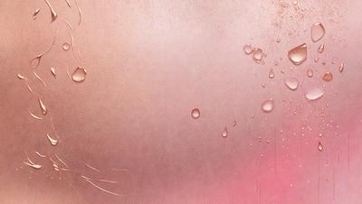 The primary subject of the image is a pink background with water droplets on it. The setting is a pink surface, and the visual style is a close-up of the pink background with water droplets. The colors and mood of the image are predominantly pink, creating a warm and inviting atmosphere.