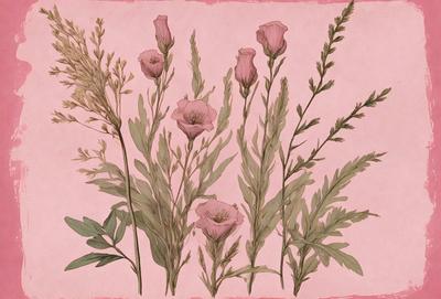 The primary subject of the image is a bouquet of flowers, which are the main objects in the scene. The flowers are arranged in a vase, and they are the focal point of the image. The setting is a pink background, which adds a warm and inviting atmosphere to the scene. The visual style of the image is a combination of photo and illustration, creating a realistic yet artistic representation of the flowers. The colors in the image are predominantly pink, which adds to the overall mood and a