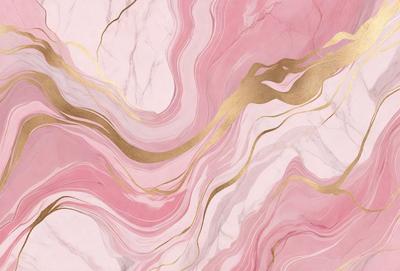 The primary subject of the image is a marbled pink and white stone. The setting is a close-up of the stone, showcasing its unique texture and color. The visual style is a combination of a photo and digital art, creating a realistic yet artistic representation of the stone. The colors and mood of the image are predominantly pink and white, giving it a soft and elegant appearance.