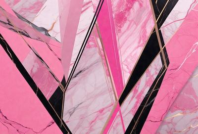 The primary subject of the image is a marble wall with a pink and black pattern. The setting is a room with a marble floor, and the visual style is a combination of digital art and illustration. The dominant colors are pink and black, creating a bold and striking atmosphere.