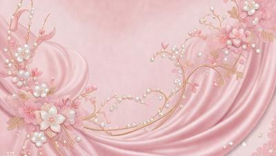 The primary subject of the image is a beautifully designed pink and gold fabric with a pattern of pearls and flowers. The setting is a pink background, which complements the vibrant colors of the fabric. The visual style is a combination of digital art and illustration, creating a stunning and intricate design. The colors and mood of the image are warm, inviting, and elegant, with the pink and gold tones evoking a sense of luxury and sophistication.
