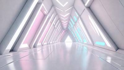 The primary subject of the image is a long, narrow hallway with a white color scheme. The setting is a futuristic environment, possibly a space station or a high-tech building. The visual style is a combination of digital art and illustration, creating a unique and captivating atmosphere. The dominant colors are white and blue, giving the scene a clean and modern appearance.