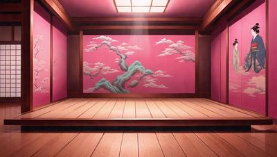 The primary subject of the image is a room with a pink wall and a painting of a tree on it. The setting is a room with a wooden floor, and the visual style appears to be a digital art or illustration. The dominant colors in the image are pink and green, creating a warm and inviting atmosphere.