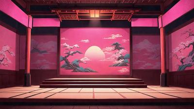 The primary subject of the image is a large painting of a sunset on a pink background. The setting is a stage with a backdrop of a mountain, and the visual style appears to be a combination of digital art and illustration. The colors and mood of the painting are predominantly pink, creating a warm and inviting atmosphere.