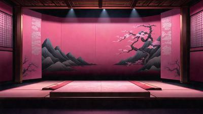 The primary subject of the image is a large painting of a mountain scene, featuring a tree and a mountain. The setting is a stage with a red backdrop, and the visual style appears to be a combination of digital art and illustration. The colors in the painting are predominantly pink, creating a warm and inviting atmosphere.