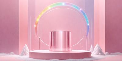 The primary subject of the image is a large, pink, circular object, possibly a sculpture or a piece of art. The setting is a pink background, which adds a vibrant and lively atmosphere to the scene. The visual style appears to be a combination of photo and digital art, creating a unique and eye-catching presentation. The colors and mood convey a sense of creativity and artistic expression.