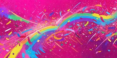 The primary subject of the image is a colorful painting or drawing, featuring a rainbow-colored background and a variety of colors. The setting is a pink background, which adds to the vibrant atmosphere of the artwork. The visual style appears to be a combination of digital art and illustration, creating a unique and eye-catching piece. The colors and mood of the image are lively and cheerful, with the bright colors of the rainbow and the pink background creating a sense of joy and positivity