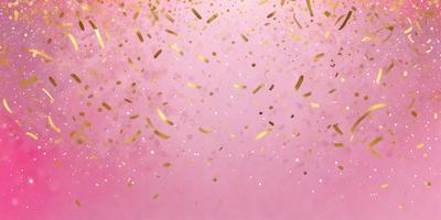 The primary subject of the image is a pink background with gold confetti sprinkled all over it. The setting is a pink background with gold confetti, creating a visually appealing and festive atmosphere. The visual style is a combination of a photo and digital art, as the gold confetti appears to be digitally created and placed on the pink background. The colors and mood of the image are predominantly pink and gold, giving it a warm and celebratory feel.