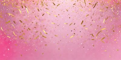 The primary subject of the image is a pink background with gold confetti sprinkled all over it. The setting is a pink background with gold confetti, creating a visually appealing and festive atmosphere. The visual style is a combination of a photo and digital art, as the gold confetti appears to be digitally created and placed on the pink background. The colors and mood of the image are predominantly pink and gold, giving it a warm and celebratory feel.