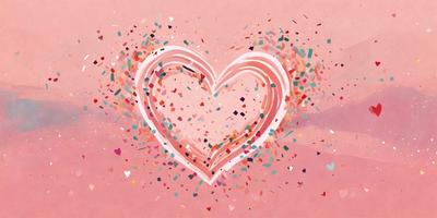 The primary subject of the image is a heart-shaped decoration made of confetti. The heart is pink and features a variety of colors, including red, white, and blue. The setting is a pink background, which adds to the overall mood of the image. The visual style is a combination of digital art and illustration, creating a festive and celebratory atmosphere.