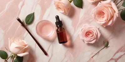 The primary subject of the image is a bottle of oil, which is placed on a table with a marble surface. The setting is a pink background, which adds a touch of elegance to the scene. The visual style is a close-up of the bottle, showcasing its details. The colors and mood of the image are predominantly pink, creating a warm and inviting atmosphere.
