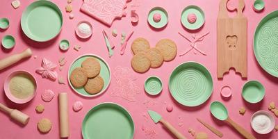The primary subject of the image is a table filled with various types of cookies and bowls. The table is pink, and the cookies are placed in different bowls and on the table itself. The setting appears to be a kitchen or a dining area, and the visual style is a combination of photo and digital art. The colors and mood of the image are bright and cheerful, with the pink table and cookies creating a warm and inviting atmosphere.