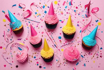 The primary subject of the image is a group of cupcakes with colorful frosting and decorations. They are placed on a pink surface, which adds to the overall festive atmosphere. The cupcakes are arranged in a visually appealing manner, with some of them featuring pink, yellow, and blue colors. The setting appears to be a celebration or a special occasion, as indicated by the presence of the cupcakes and the pink background. The visual style of the image is a combination of photo and