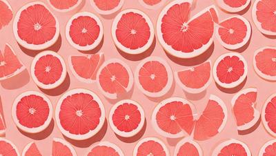 The primary subject of the image is a close-up of a pink grapefruit. The setting is a pink background, which adds a vibrant and fresh touch to the scene. The visual style is a combination of a photo and a painting, creating a unique and artistic representation of the grapefruit. The colors and mood of the image are predominantly pink, which gives it a warm and inviting atmosphere.