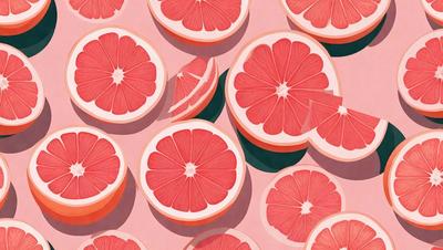 The primary subject of the image is a close-up of a group of sliced grapefruits. The setting is a pink background, which adds a vibrant and fresh touch to the scene. The visual style is a combination of a photo and a painting, creating a realistic yet artistic representation of the grapefruits. The colors are predominantly pink and red, giving the image a warm and inviting atmosphere.