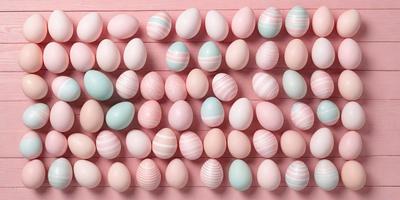 The primary subject of the image is a collection of eggs, which are arranged in a visually appealing manner. The eggs are of various colors, including pink, blue, and green, creating a vibrant and lively scene. The setting is a wooden surface, which serves as the backdrop for the eggs. The visual style of the image is a close-up of the eggs, showcasing their unique colors and patterns. The overall atmosphere of the image is cheerful and inviting, with the eggs being the main focus