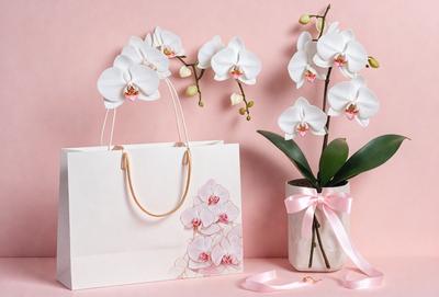 The primary subject of the image is a bouquet of white flowers, which are displayed in a vase. The flowers are arranged in a pink and white color scheme, creating a visually appealing and elegant display. The setting is a pink background, which complements the flowers and adds to the overall aesthetic of the scene. The visual style of the image is a combination of photo and digital art, resulting in a high-quality and detailed representation of the flowers and their surroundings. The colors and mood of