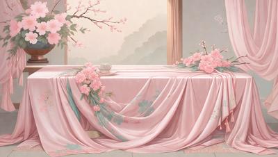The primary subject of the image is a dining table with a pink tablecloth and a vase of flowers on it. The table is set with a cup and a bowl, creating a pleasant and inviting atmosphere. The setting is a dining room, with a window in the background, allowing natural light to illuminate the scene. The visual style is a painting, which adds a sense of artistic expression and beauty to the image. The colors and mood are predominantly pink, which gives the scene a warm