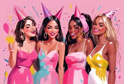 The image features a group of five women wearing pink dresses and colorful party hats. They are all smiling and appear to be enjoying a celebration. The women are standing close to each other, creating a sense of unity and camaraderie. The scene is set in a pink and yellow color scheme, which adds a festive and cheerful atmosphere to the image.