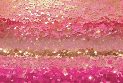 The primary subject of the image is a pink background with a pattern of gold sequins. The setting is a close-up of the sequin pattern, showcasing the intricate details of the gold sequins. The visual style is a combination of a photo and digital art, as the sequins are digitally created and placed on the pink background. The colors and mood of the image are predominantly pink and gold, creating a warm and elegant atmosphere.