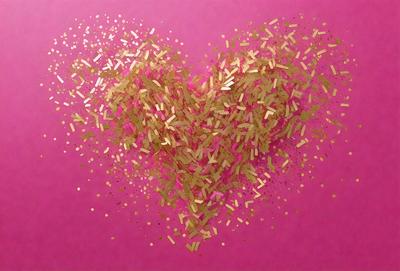 The primary subject of the image is a heart-shaped confetti made of gold and pink colors. The heart is placed on a pink background, which adds a vibrant and warm atmosphere to the scene. The visual style of the image is a combination of digital art and illustration, creating a unique and eye-catching design. The colors and mood of the image are predominantly warm and cheerful, making it an ideal representation of love and celebration.