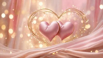 The primary subject of the image is a pair of pink hearts, which are the main objects in the scene. The hearts are placed on a pink background, creating a warm and romantic atmosphere. The visual style of the image is a combination of photo and digital art, as it appears to be a close-up of the hearts on a pink sheet. The colors and mood of the image are predominantly pink, which adds to the overall romantic and intimate feel of the scene.