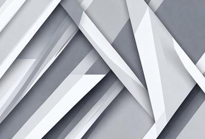 The primary subject of the image is a pattern of white and gray triangles. The setting is a gray background, which creates a contrast with the white and gray triangles. The visual style is a combination of digital art and illustration, as the triangles are arranged in a visually appealing manner. The colors and mood of the image are predominantly gray and white, giving it a clean and minimalist appearance.