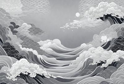 The primary subject of the image is a large wave in the ocean. The setting is a cloudy sky, and the visual style is a combination of digital art and illustration. The dominant colors are gray and white, creating a calm and serene atmosphere.