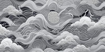 The primary subject of the image is a large, intricate, and detailed illustration of a cloudy sky. The setting is a cloudy, stormy sky with a moon visible in the middle of the scene. The visual style is a combination of digital art and illustration, creating a unique and captivating atmosphere. The colors and mood are predominantly dark and moody, with the clouds and moon adding a sense of depth and drama to the scene.