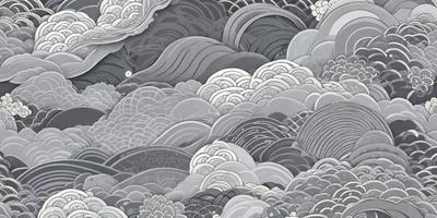 The primary subject of the image is a large, intricate, and detailed illustration of a mountainous landscape. The setting is a cloudy sky, which adds to the overall atmosphere of the scene. The visual style of the image is a combination of digital art and illustration, creating a unique and captivating piece of art. The colors in the image are predominantly grays and whites, giving the scene a calm and serene mood.
