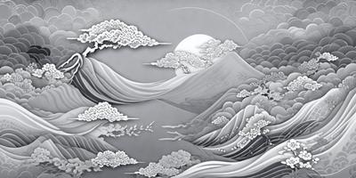 The primary subject of the image is a mountain with clouds surrounding it. The mountain is depicted in a silver color, giving it a metallic appearance. The setting is a cloudy sky, which adds to the overall atmosphere of the scene. The visual style of the image is a combination of digital art and illustration, creating a unique and artistic representation of the mountain. The colors and mood of the image are predominantly silver and gray, with a sense of calmness and serenity.