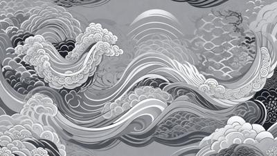 The primary subject of the image is a large wave with a cloudy sky in the background. The wave is depicted in a patterned style, giving it a unique and artistic appearance. The setting is a gray background, which contrasts with the wave's vibrant colors. The visual style is a combination of digital art and illustration, creating a dynamic and engaging scene. The overall atmosphere is one of power and movement, as the wave seems to be crashing down on the viewer.