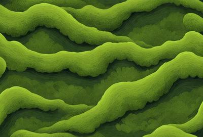 The primary subject of the image is a large, curly, and green plant with a wavy texture. The plant is the main focus of the image, and it is set against a backdrop of a lush green forest. The visual style of the image is a combination of digital art and illustration, creating a vibrant and detailed representation of the plant. The dominant colors in the image are green, with some variations in shades, and the overall atmosphere is lush and natural.