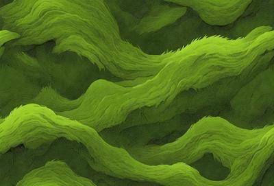 The primary subject of the image is a close-up of a green, mossy plant with a lot of texture. The setting is a green background, which adds to the overall atmosphere. The visual style is a combination of a photo and digital art, creating a unique and detailed representation of the plant. The colors and mood are predominantly green, giving the image a natural and serene feel.