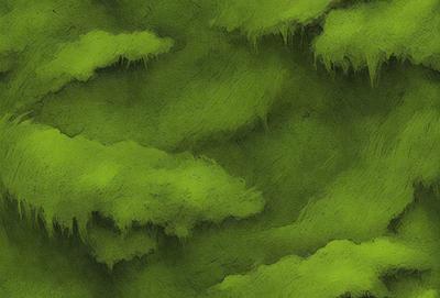 The primary subject of the image is a close-up of a green tree with mossy branches. The setting is a forest, and the visual style is a digital art or illustration. The dominant colors are green and brown, creating a natural and serene atmosphere.